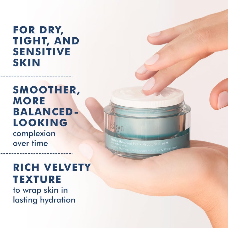 سكاين أيسلندا كريم سكين آيسلاند نورديك رينيوول للوجه، غني بالبروبيوتيك والبريبايوتيك، يدعم حاجز الميكروبيوم للبشرة، ويرطبها ويمنحها النضارة. مرطب للبشرة الجافة والحساسة، 1.6 أونصة سائلة - Image 3